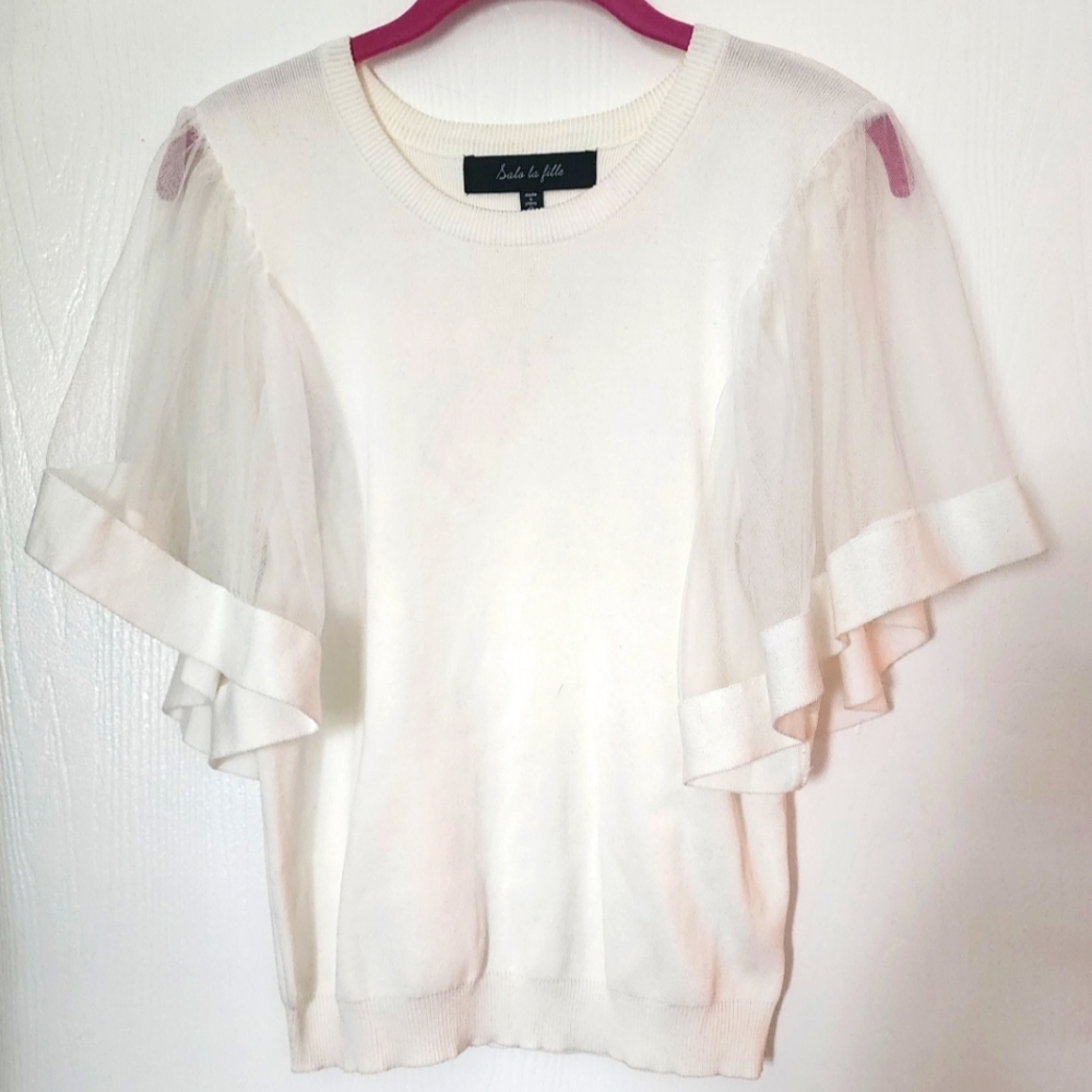 White sweater with elephant ear sheer sleeves